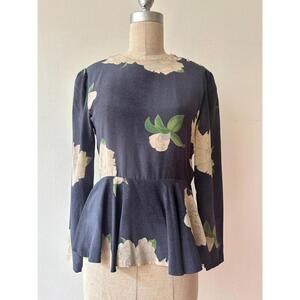 Vintage 1980s Bue Silk Floral Print Peplum Blouse